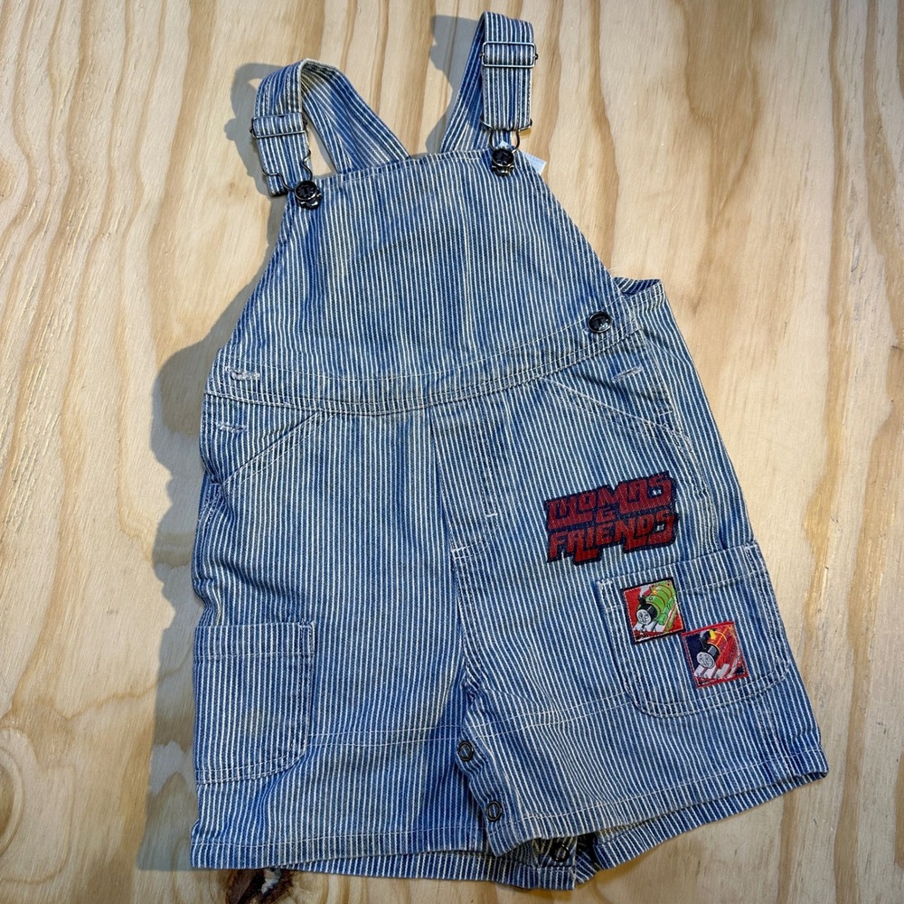 Thomas & Friends Toddler 24M Blue Hickory Stripe Denim Overalls Shortalls